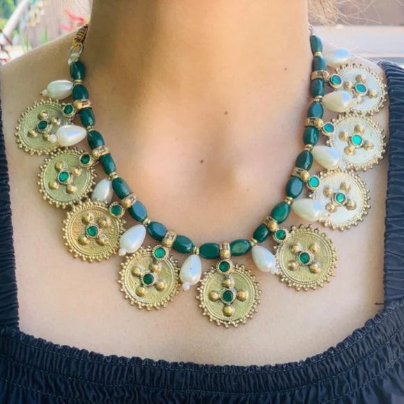 Pearls and Beads Jewelry Set, Handmade Coins Jewelry Set With Glass Stones, - Picture 5 of 12